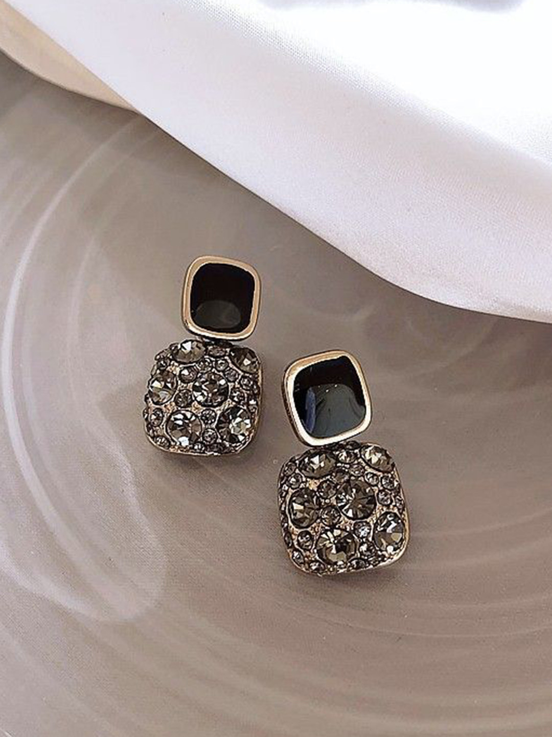 DressBerry Korean Gold-Plated Square Shaped American Diamond Drop Earrings