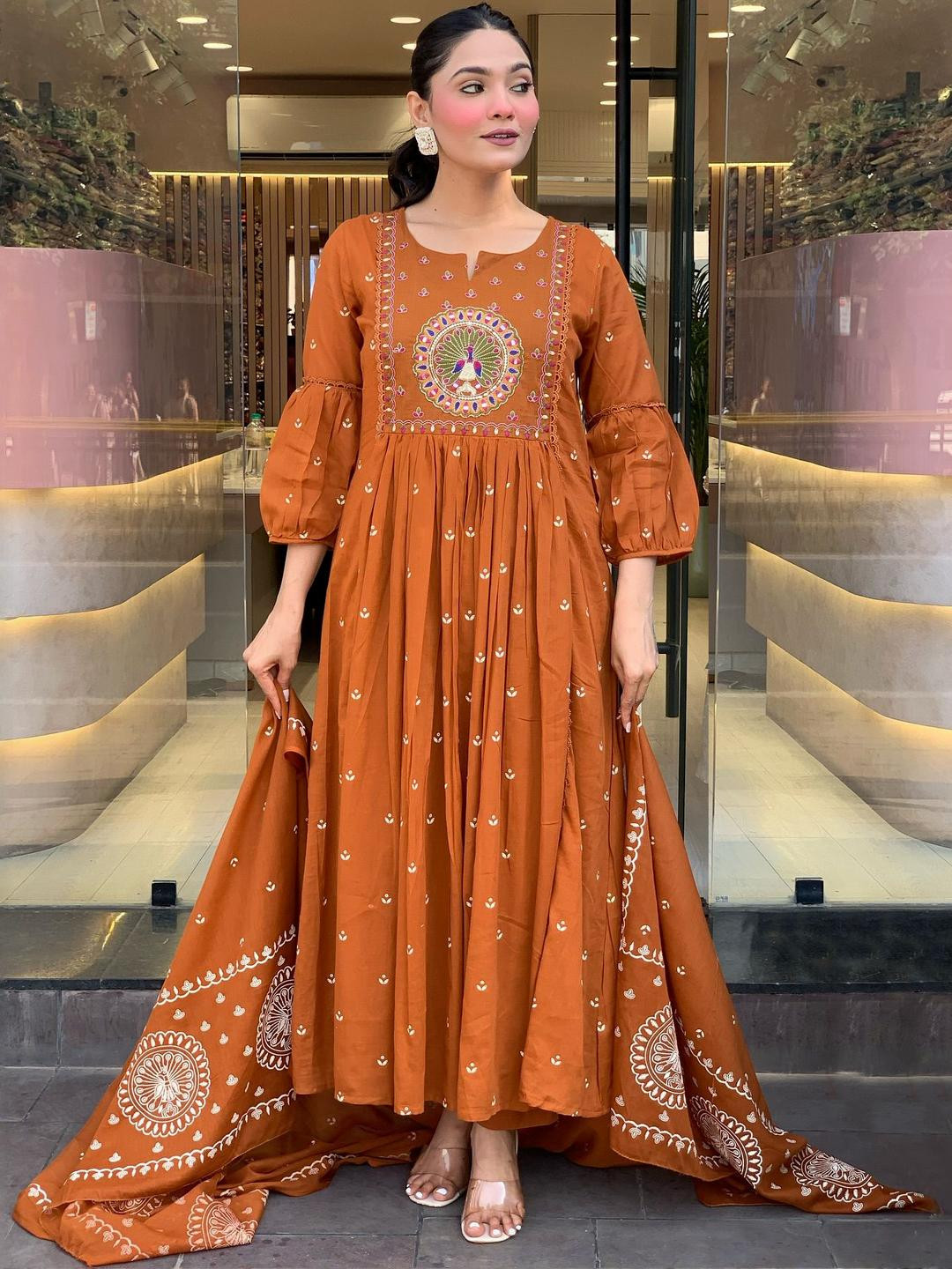 KALINI Women Orange Rayon Blend Printed Anarkali Kurta Set With Dupatta