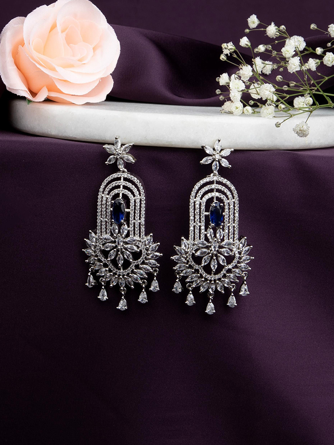 LA FILLE D'OR Silver-Plated Cubic Zirconia Studded Floral Shaped Drop Earrings