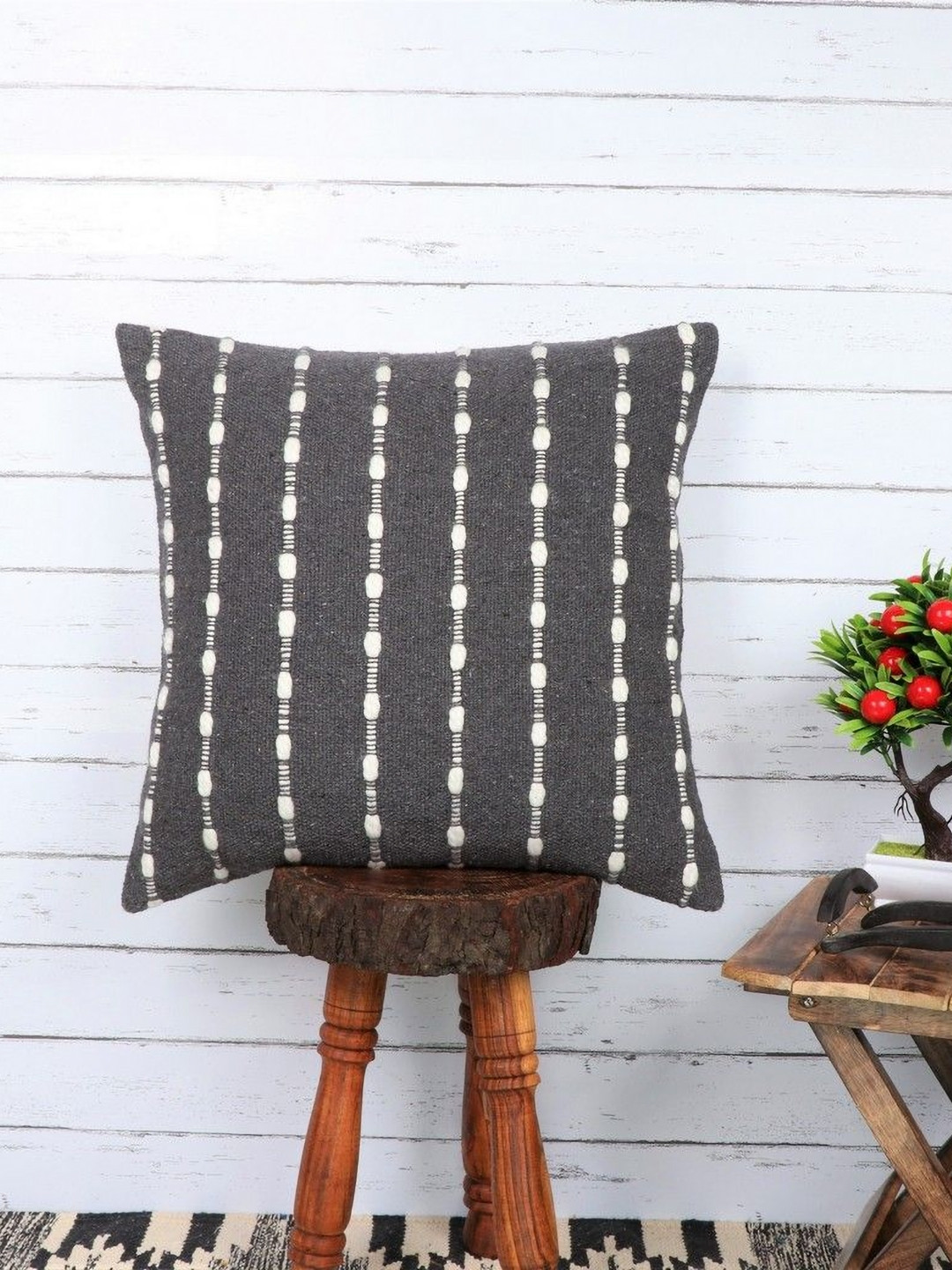 Indihomecraft Black Cotton Washable Embroidered Square Cushion Cover -18x18In