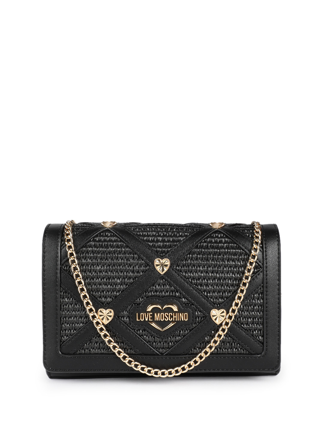 LOVE MOSCHINO Brand Logo Embossed & Basket Weave Textured Structured Sling Bag