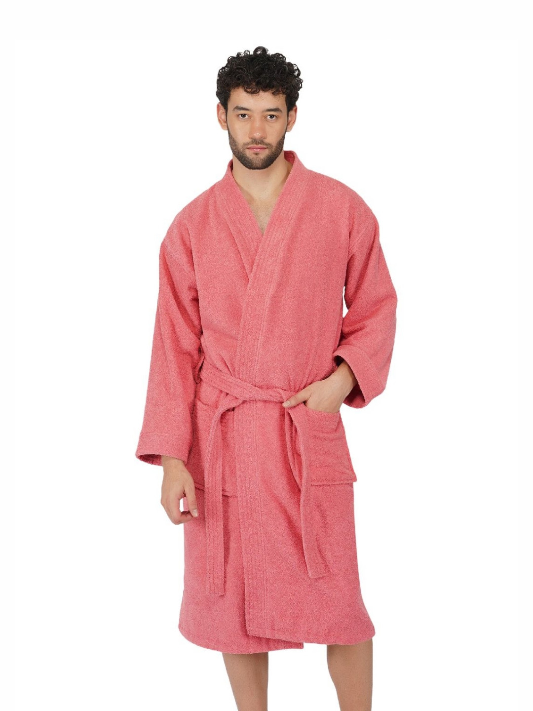 RANGOLI Noble, 400 GSM Peach Solid Cotton Drawstring Knee Length Bath Robe-M