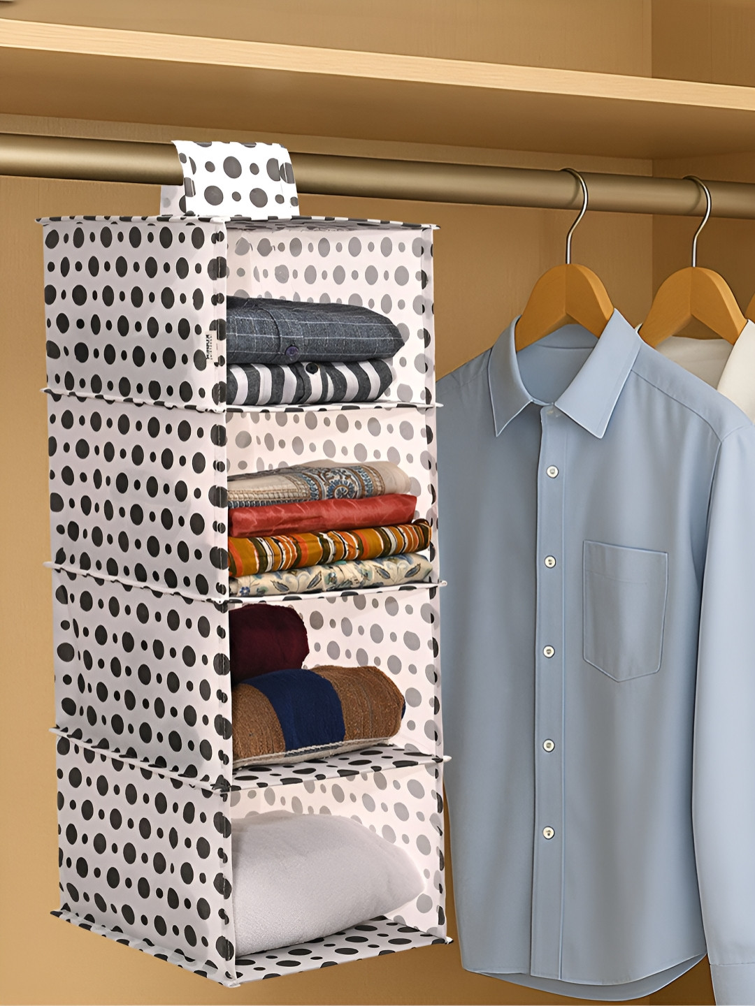 Aura White & Black Printed Foldable 4 Shelf Hanging Closet Organisers