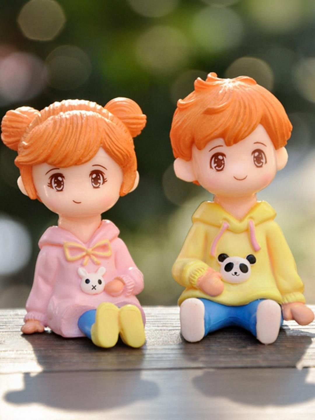 ANTIQ CREATION Miniature Cute Sweety Lovers Kids Multicoloured Polyresin Matte Living Room Set of 2 Small Showpieces - 2.6 Inches