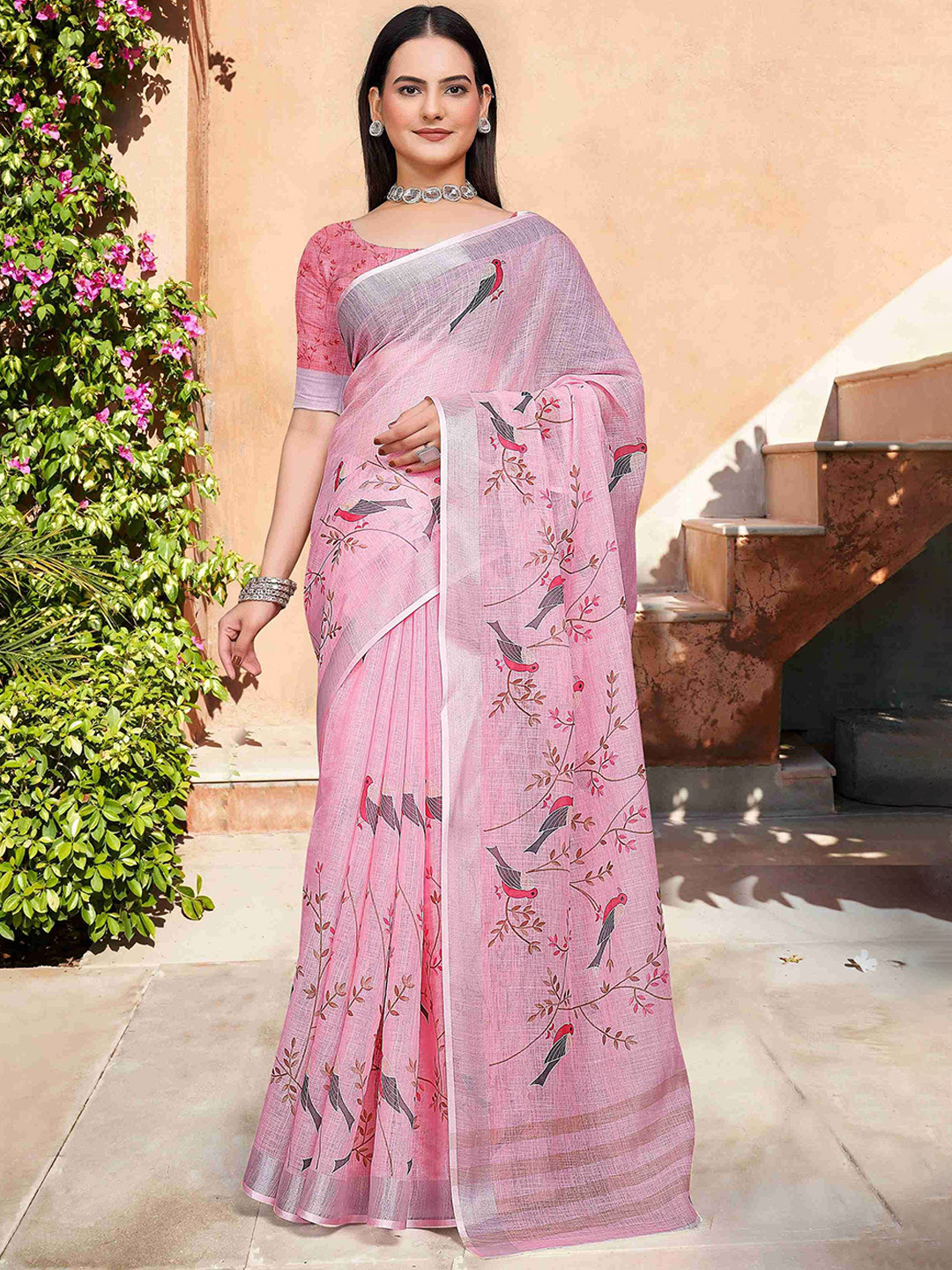 PHEASANT Ethnic Motifs Print Zari Pure Linen Block Print Saree