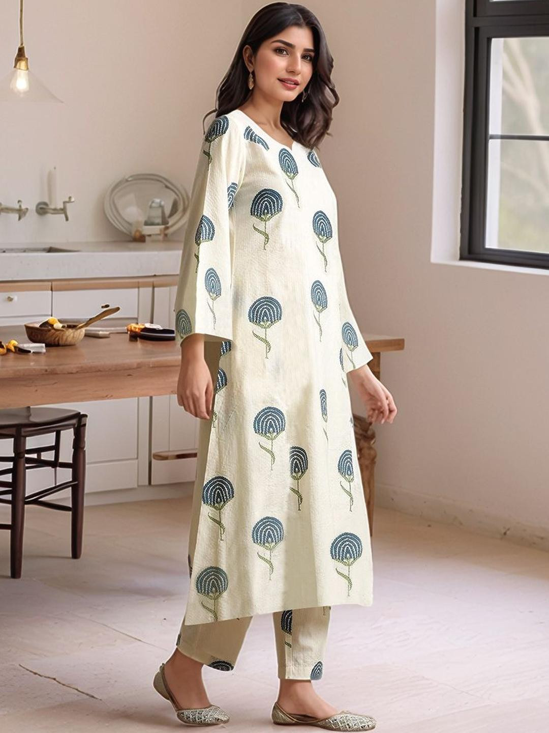 KALINI Women Kerosene Rayon Blend Printed A-Line Kurta With Trousers