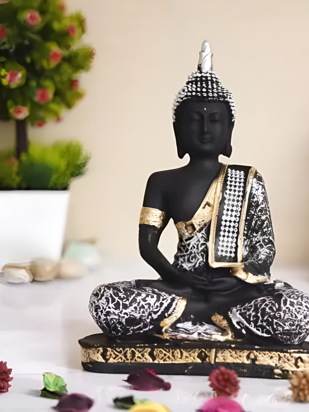 Aura Buddha Silver Marble Natural Living Room Medium Showpiece - 2.8 Inches