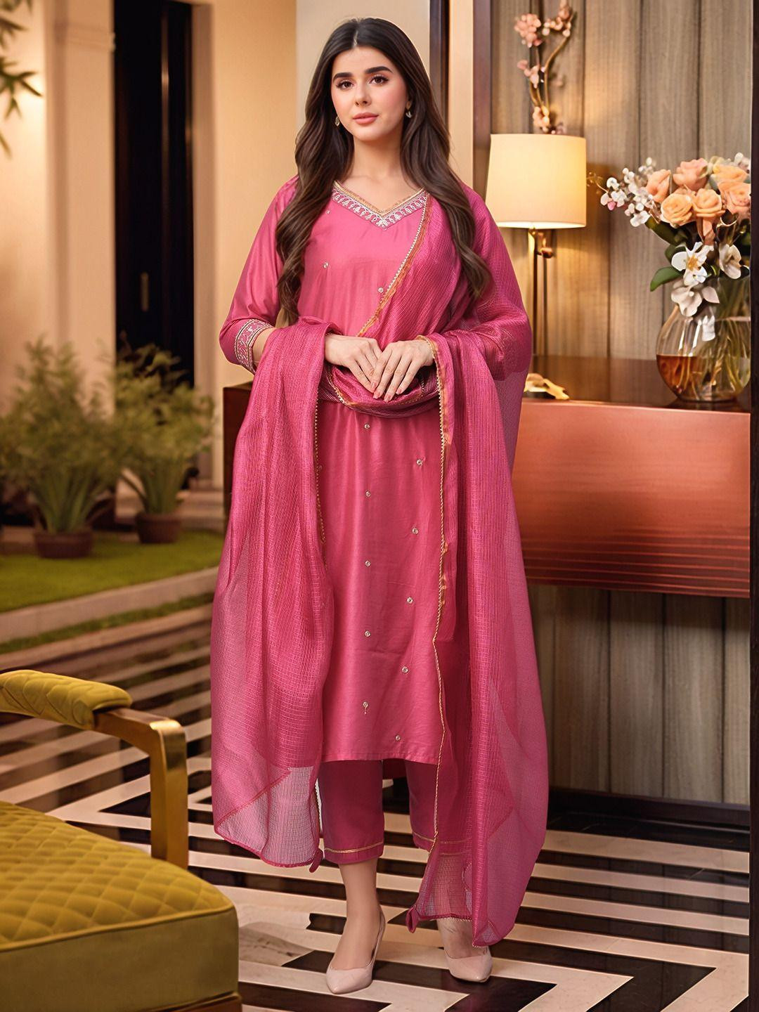 KALINI Women Pink Rayon Blend Solid Straight Kurta Set With Dupatta