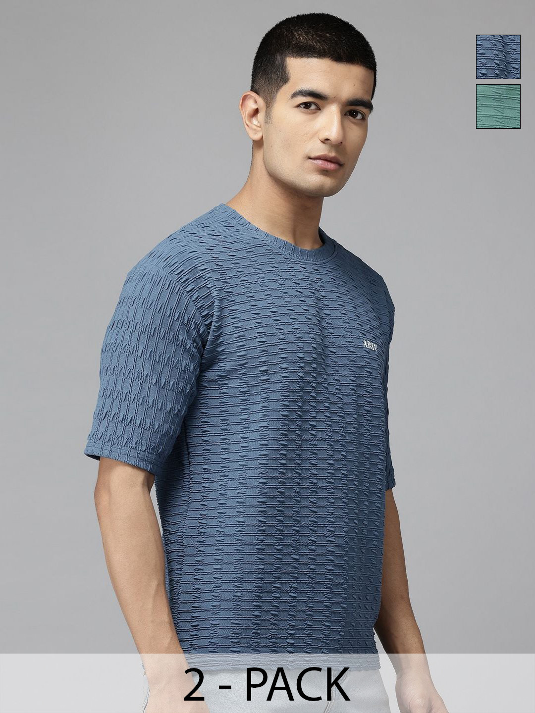 ATLANS Men Pack of 2 Self Design Round Neck T-shirts