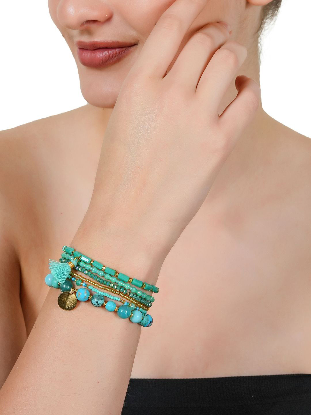 Basraa Set Of 6 Turquoise Studded Elasticated Bracelet