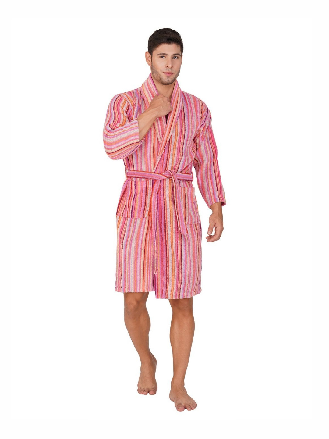 RANGOLI Pinstripe, 450 GSM Pink Striped Cotton Drawstring Knee Length Bath Robe-XL