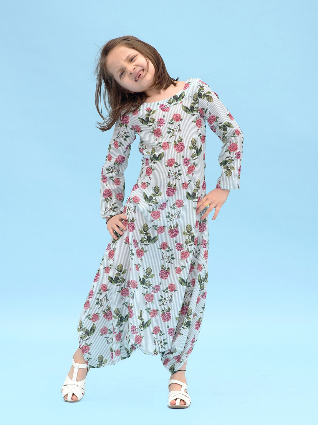 Pasha Girls Printed Sage Green Striped Printed Dhoti Jumpsuit