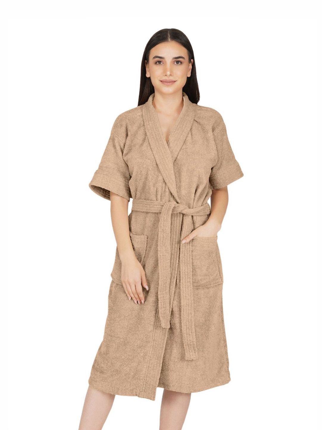 RANGOLI Noble, 400 GSM Beige Solid Cotton Drawstring Knee Length Bath Robe-S