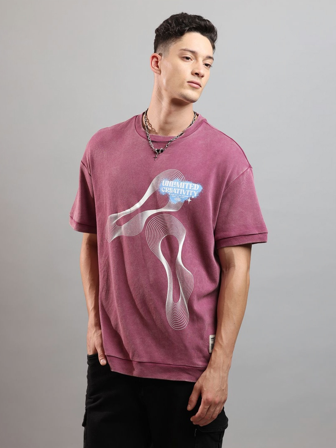Crocodile studio series Men Typography Printed Drop-Shoulder Sleeves Oversize T-shirt