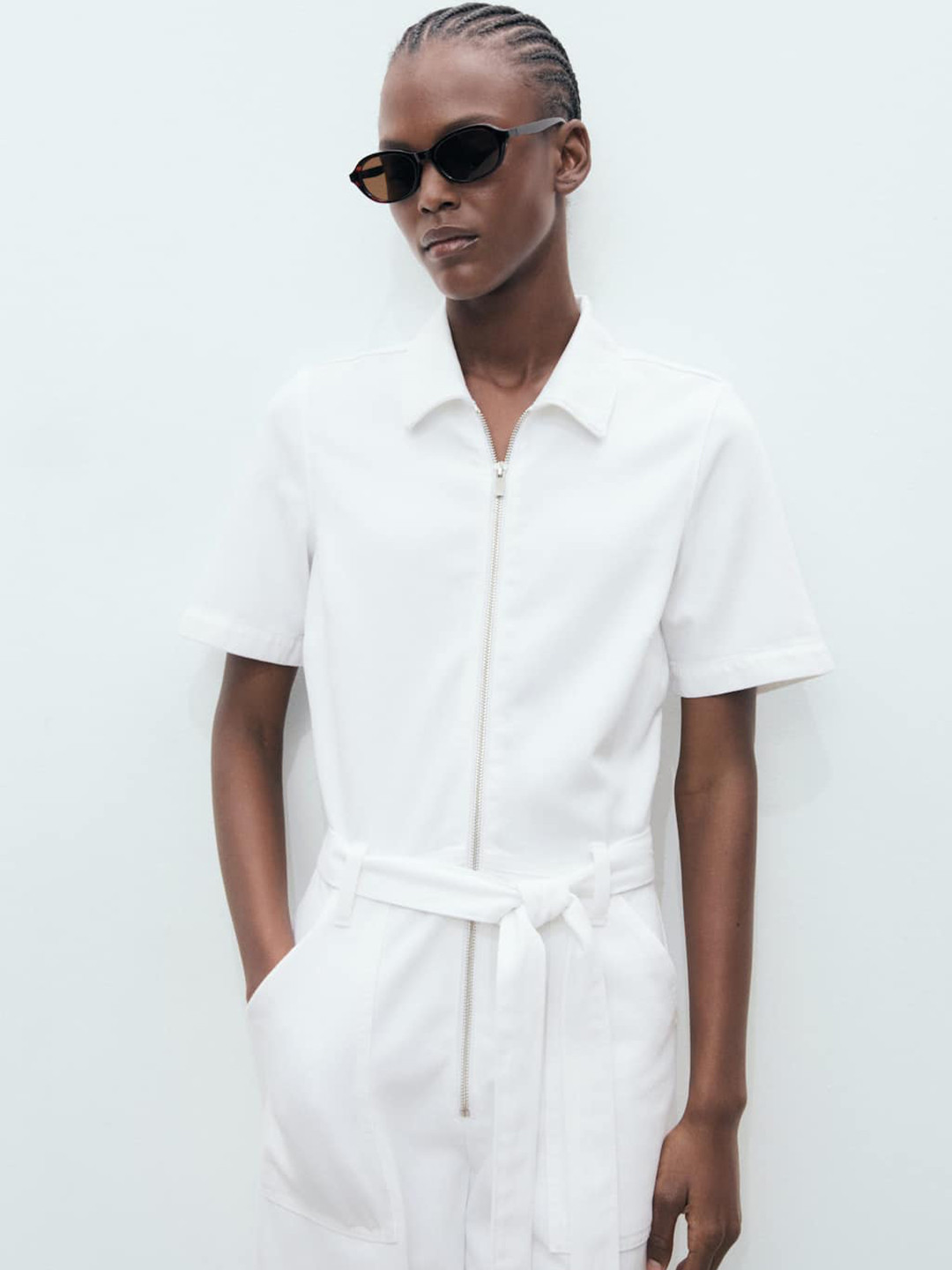 MANGO Shirt Collar Pure Cotton Denim Basic Jumpsuit with Belt