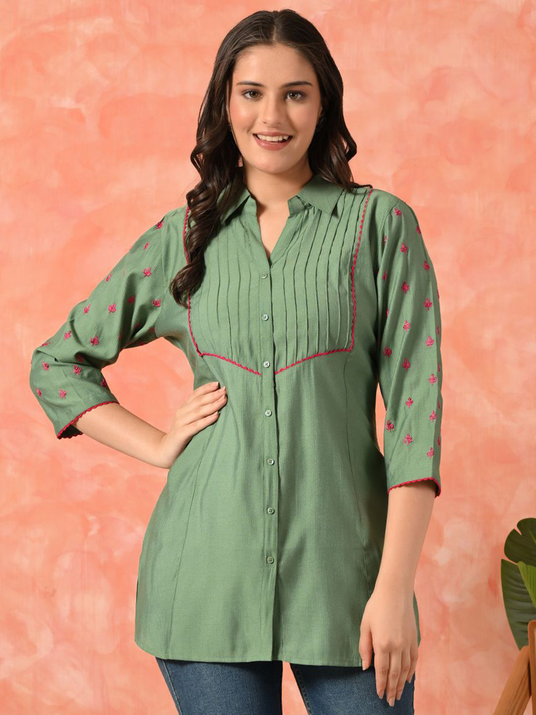 Sangria Embroidered Collared Ethnic Tunic