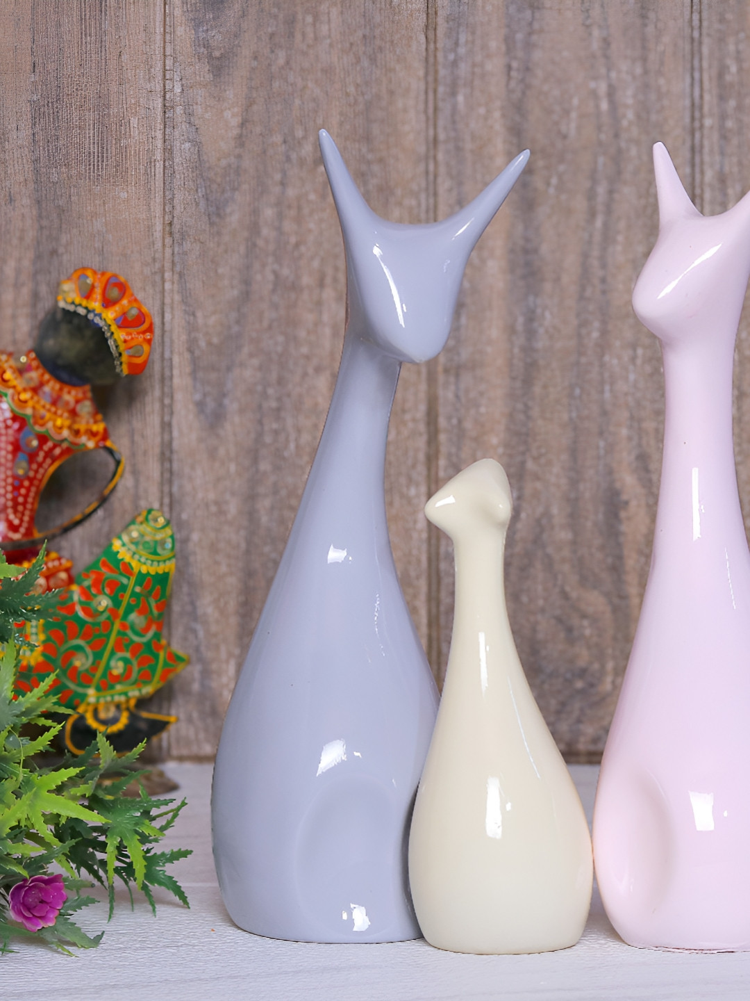 Aura Cat Blue Polyresin Glossy Garden Set of 3 Medium Showpieces - 9.8 Inches