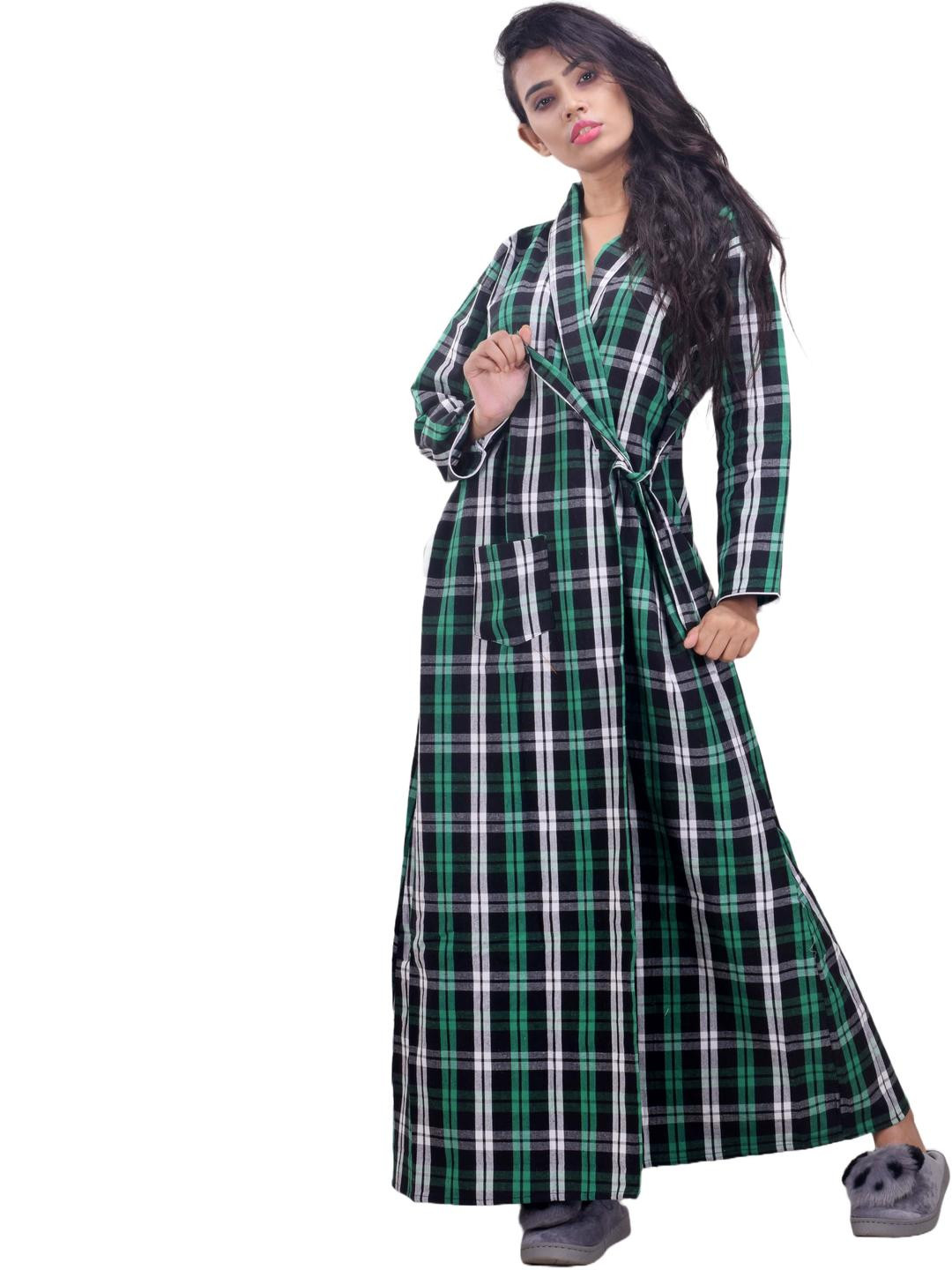 CLYMAA Green Wool Blend Maxi Checked Nightdress