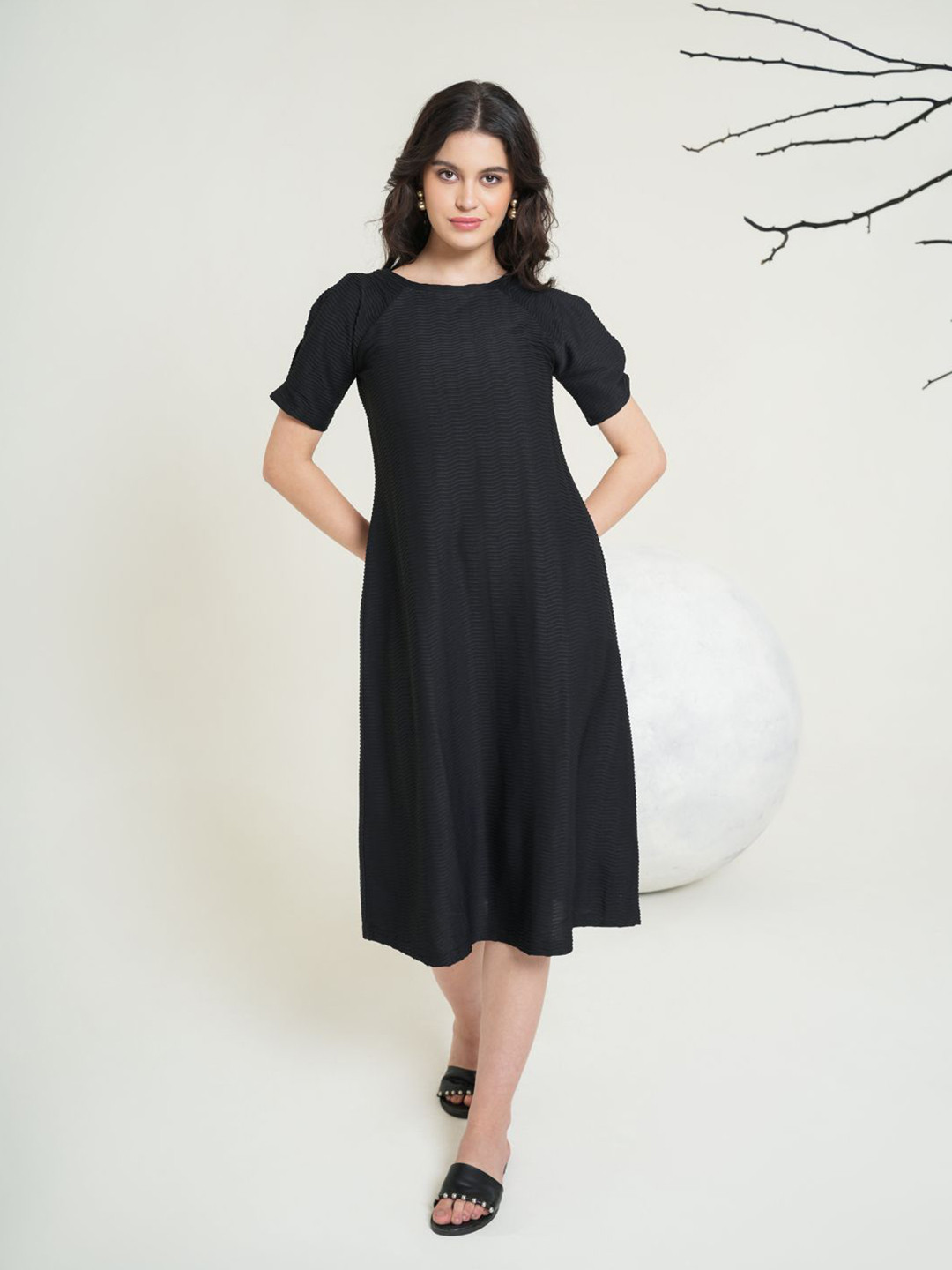 MILOST city look Women Puff Sleeve A-Line Midi Dress