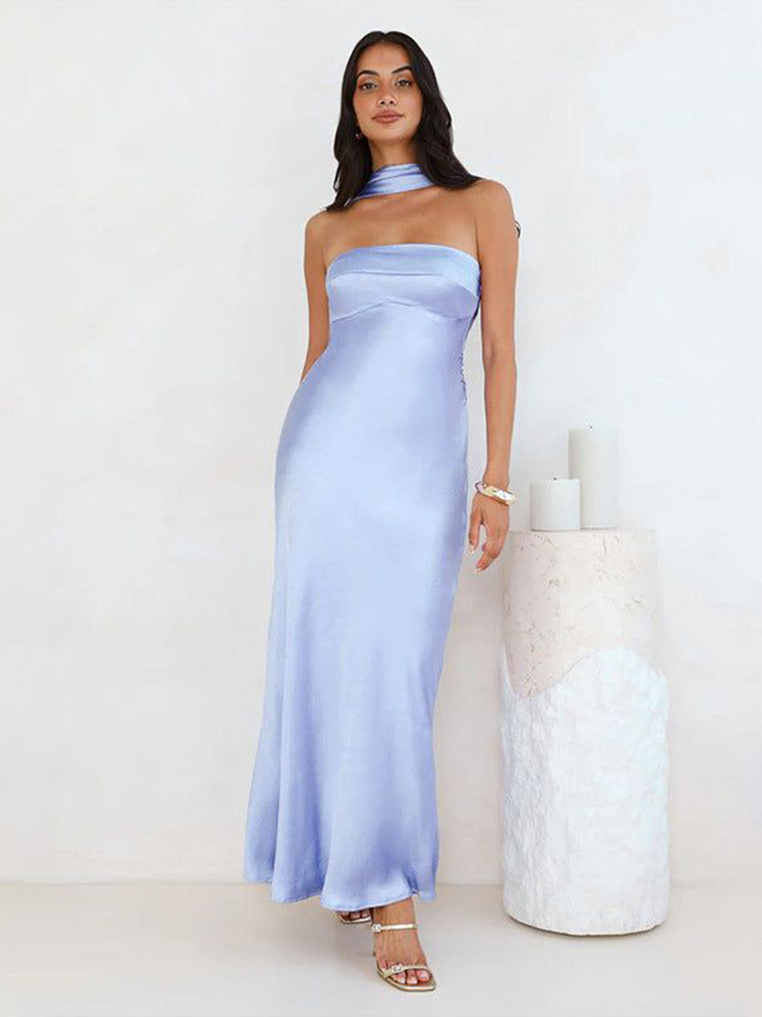 Outzidr Blue Fishtail Satin Dress