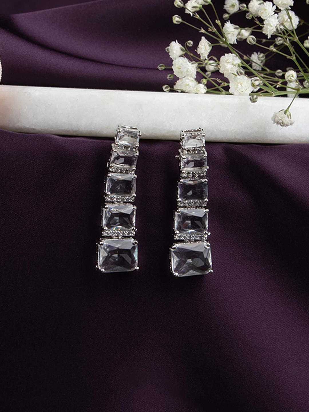 LA FILLE D'OR Silver-Plated Cubic Zirconia Studded Square Shaped Drop Earrings