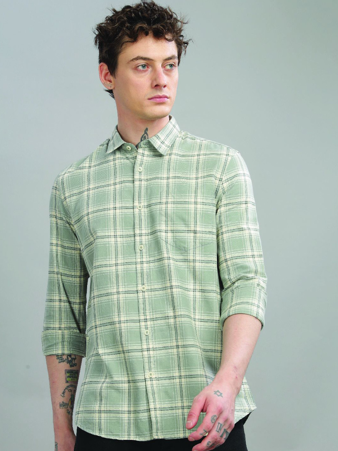 Blu MNKY Checked Spread Collar Smart Slim Fit Shirt