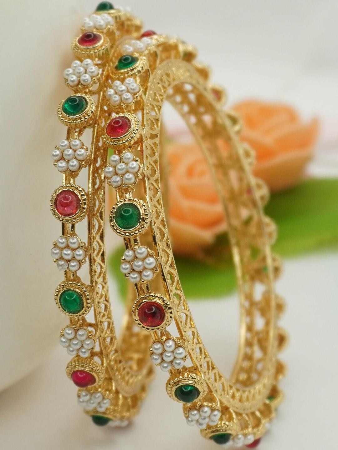 Panini jewels Peral Studded with Ruby Green Kundan Gokhru Designer Bangles