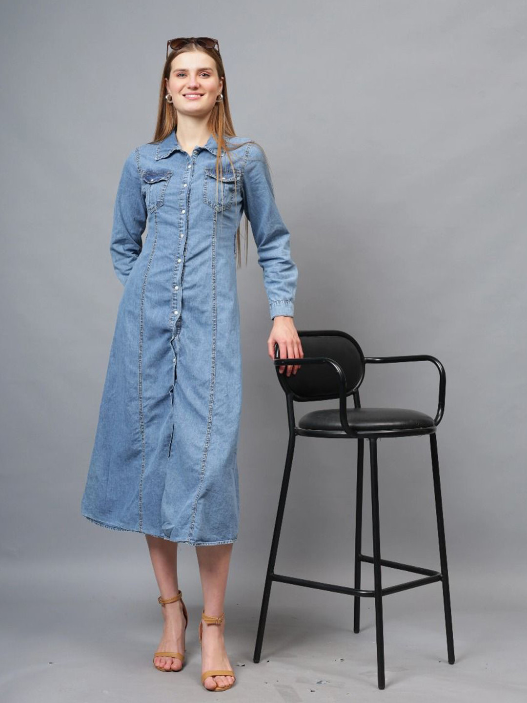 Fashion Gaiia Women Solid Shirt Collar Denim Long Buttoned Dress
