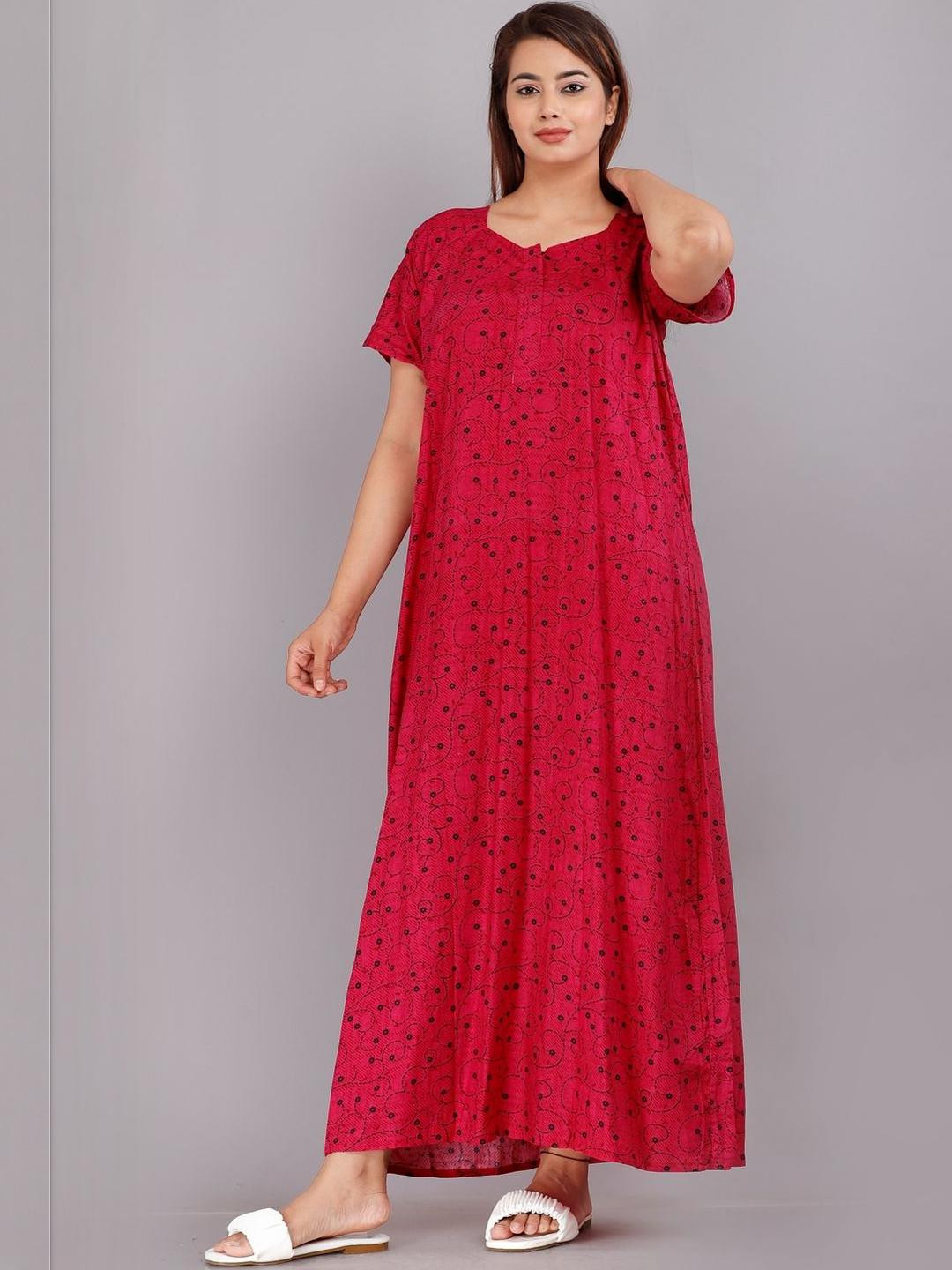 AAKARSHANA Pink Pure Cotton Maxi Printed Nightdress