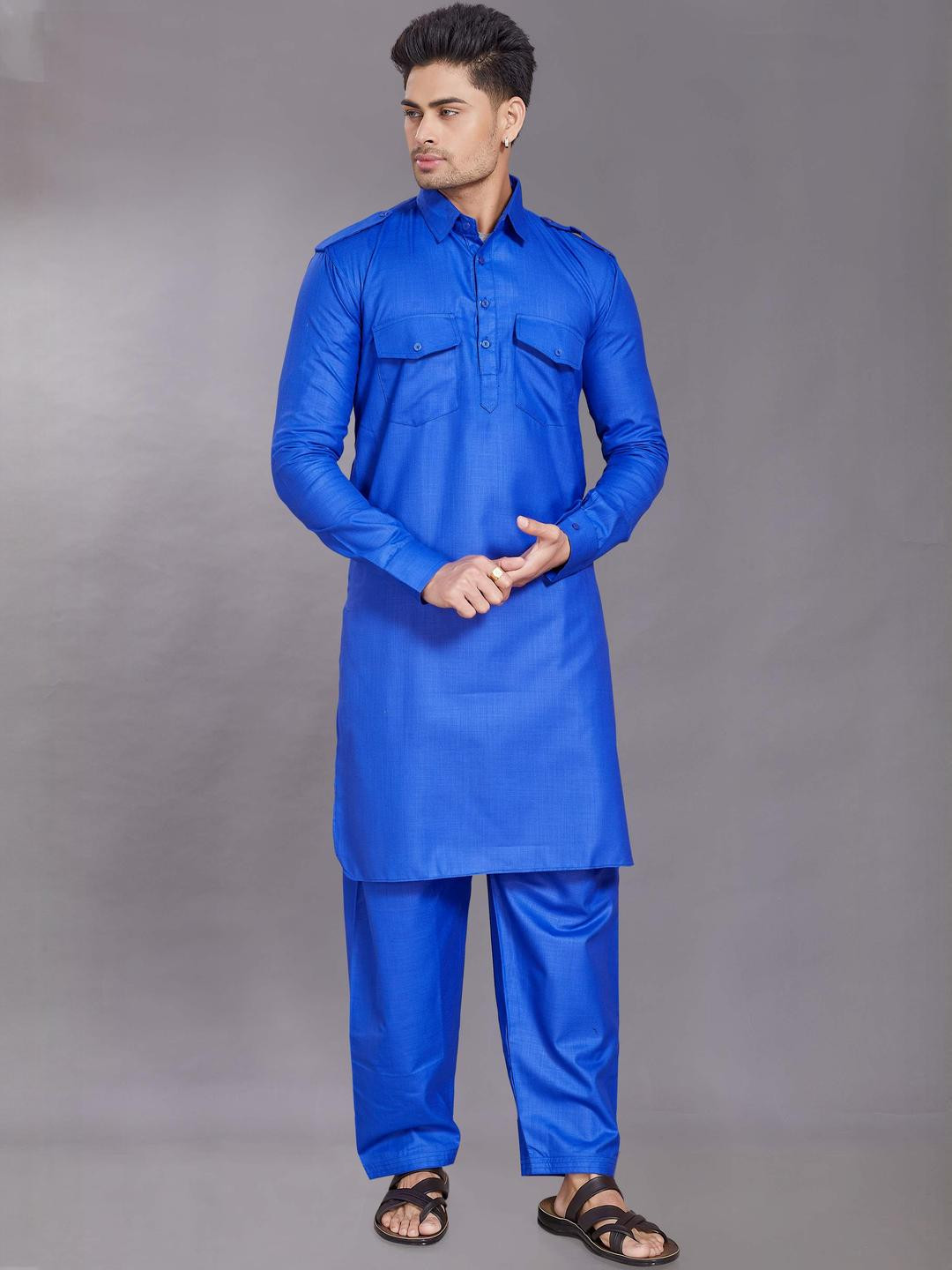PulseIQ Blue Cotton Blend Solid Kurta Sets