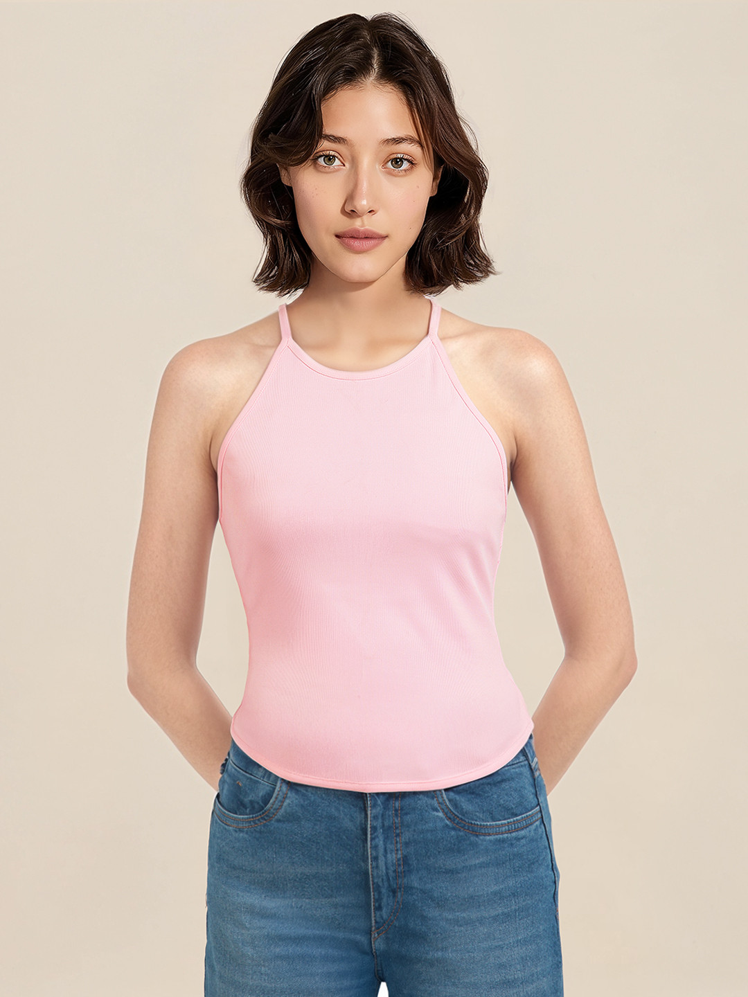 DressBerry Ribbed Shoulder Straps Fitted Crop Styled Back Top