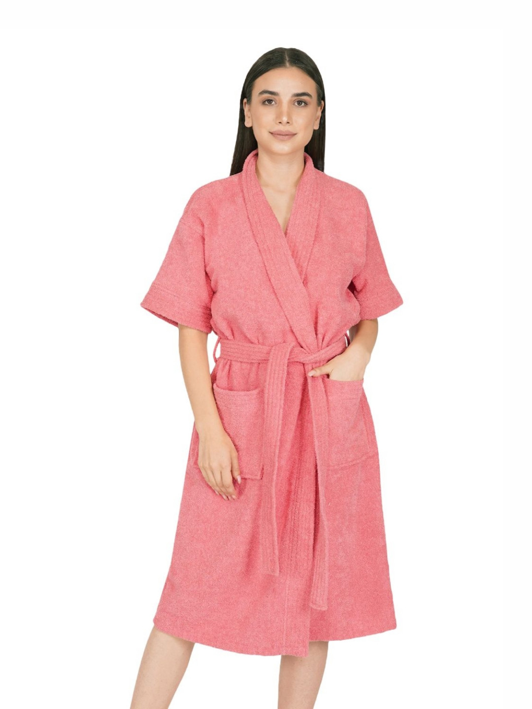 RANGOLI Noble, 400 GSM Peach Solid Cotton Drawstring Midi Bath Robe-XL