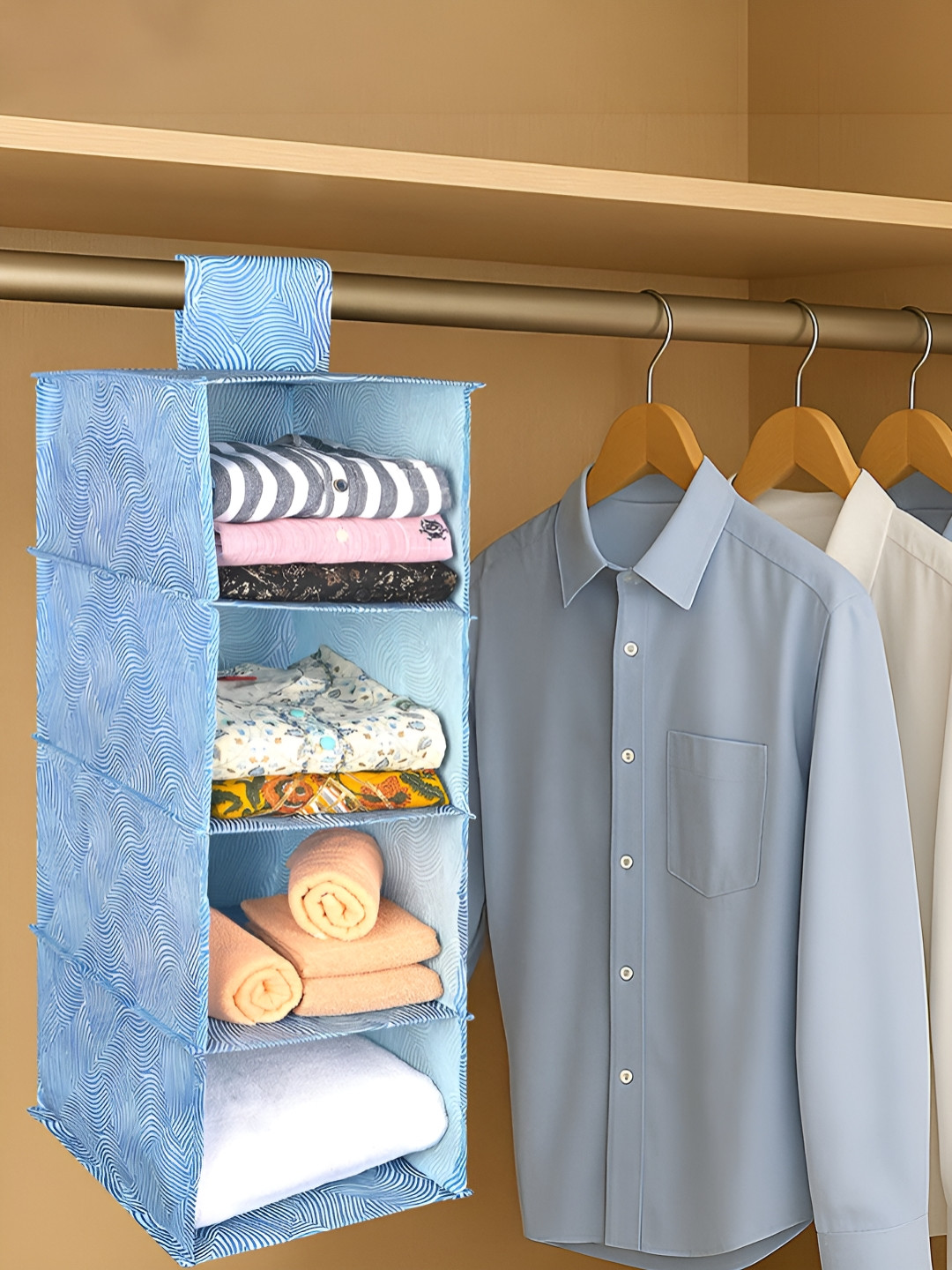 Aura Blue & White Zig Zag Printed Foldable 4 Shelf Hanging Closet Multi-Utility Organizer