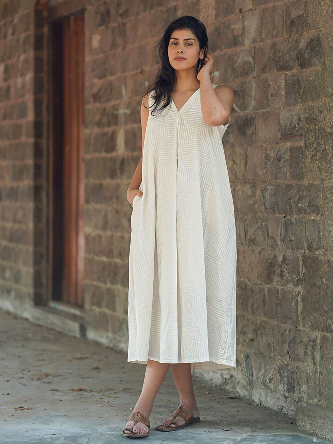 Chidiyaa Safed Melted Pearl Ivory Block Printed Dress