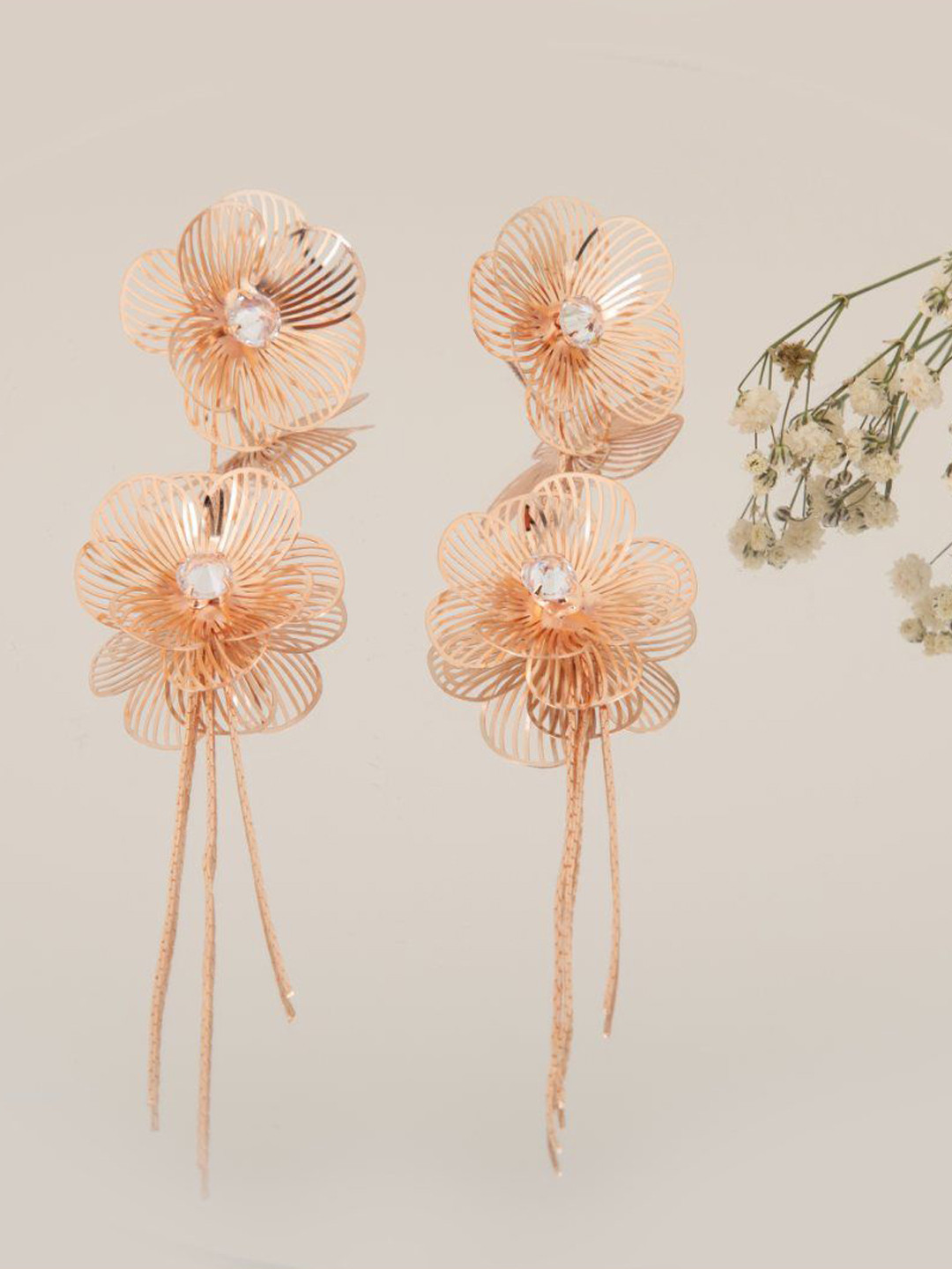 LA FILLE D'OR Rose Gold-Plated Cubic Zirconia Studded Floral Shaped Drop Earrings