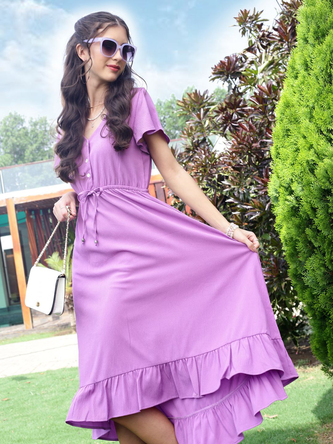 Sera Women Solid Ruffled Fit & Flare Midi Dress
