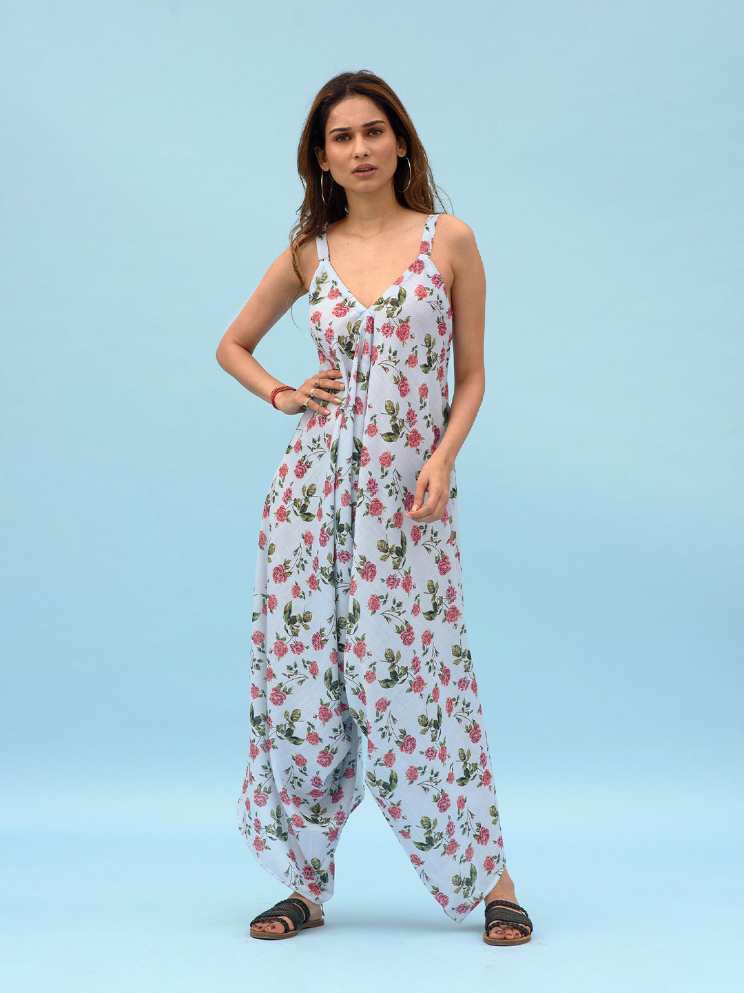 Pasha Floral Printed Iceberg Blue Palazzo Jumpsuit