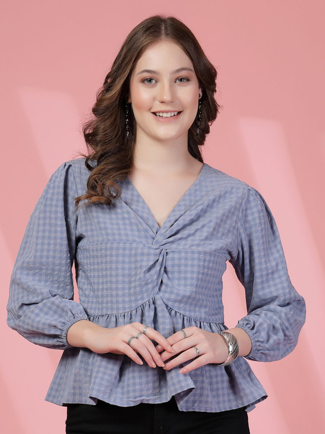 BEING NAUGHTY Women V-Neck Checked Peplum Crop Top