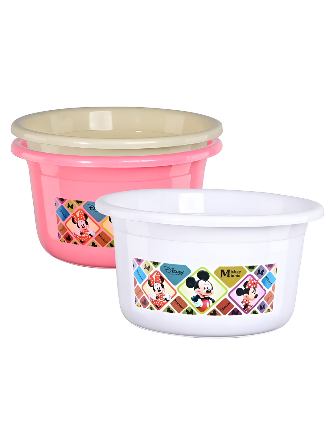Aura 3 Pieces White & Pink Geometric Plastic 25 Ltr Plastic Bath Tub Set