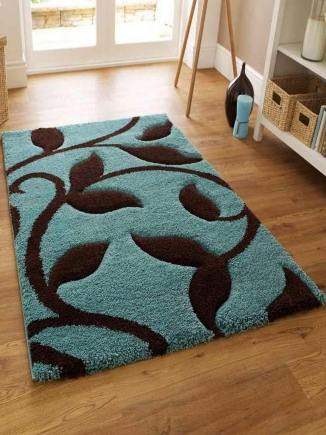 CARPETIFY Blue Floral Anti-Skid Carpet