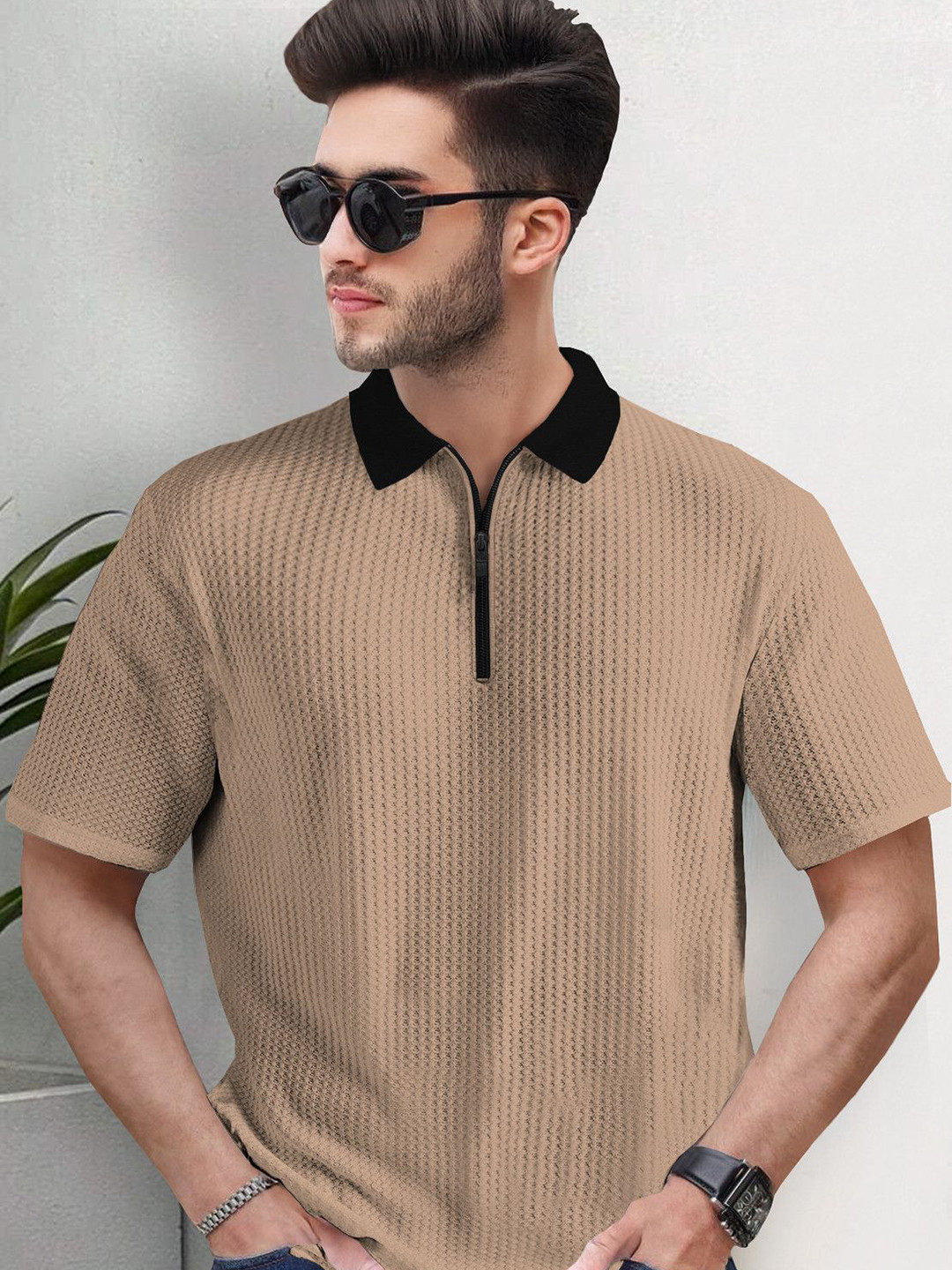 TRIPR Men Beige Self Design Polo Collar T-shirt