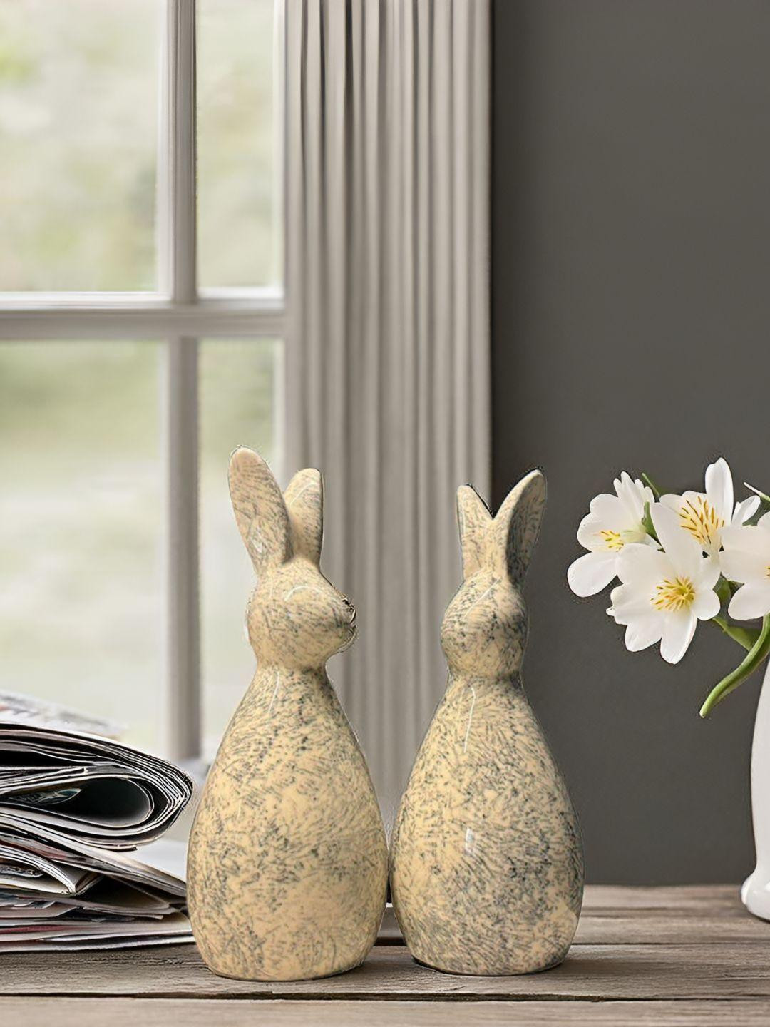 Kraftlik Handicraft Rabbit Cream Ceramic Glossy Living Room Set of 2 Medium Showpieces - 6 Inches