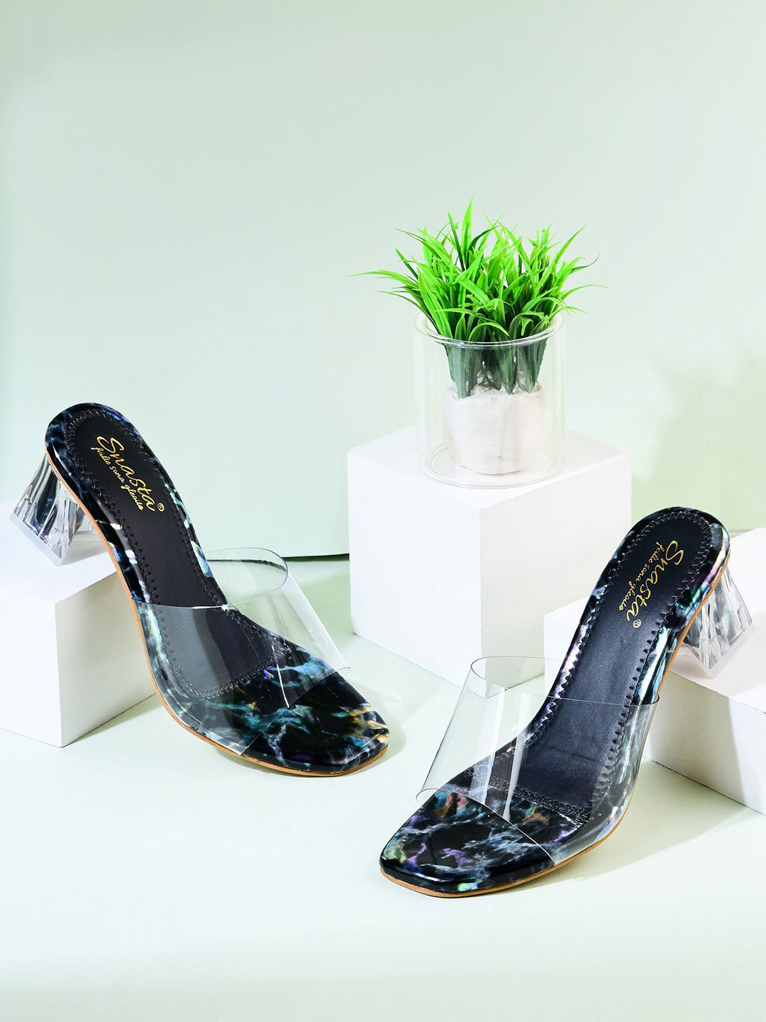 Snasta Women Transparent Marble Print Block Heel Sandals