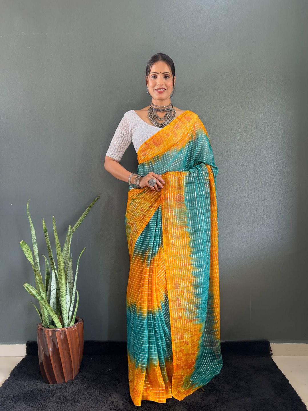 AQUILIQ Orange Ombre printed saree with solid border And Chikan Kari blouse Piece