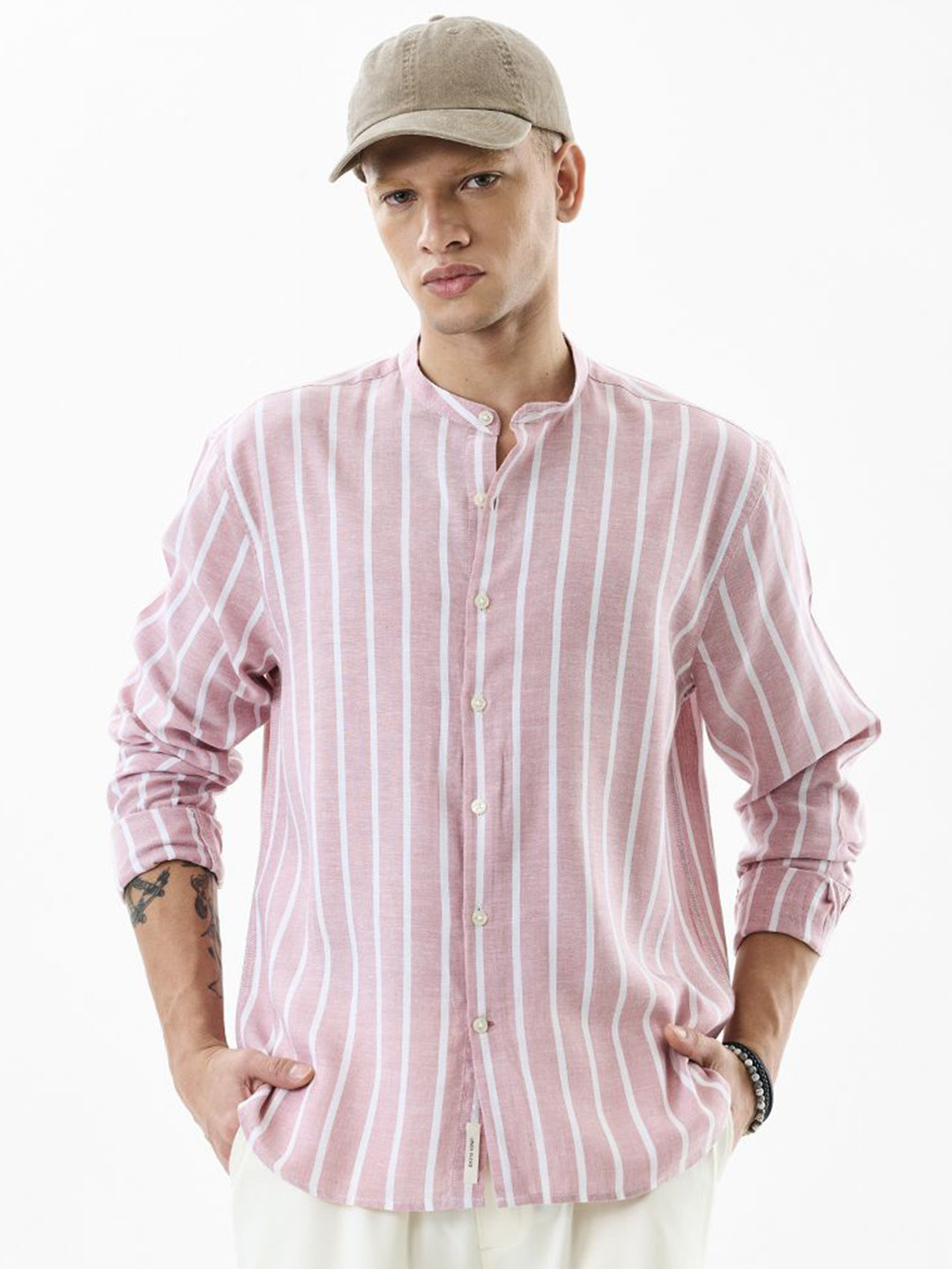 Snitch Vertical Striped Band Collar Shirt