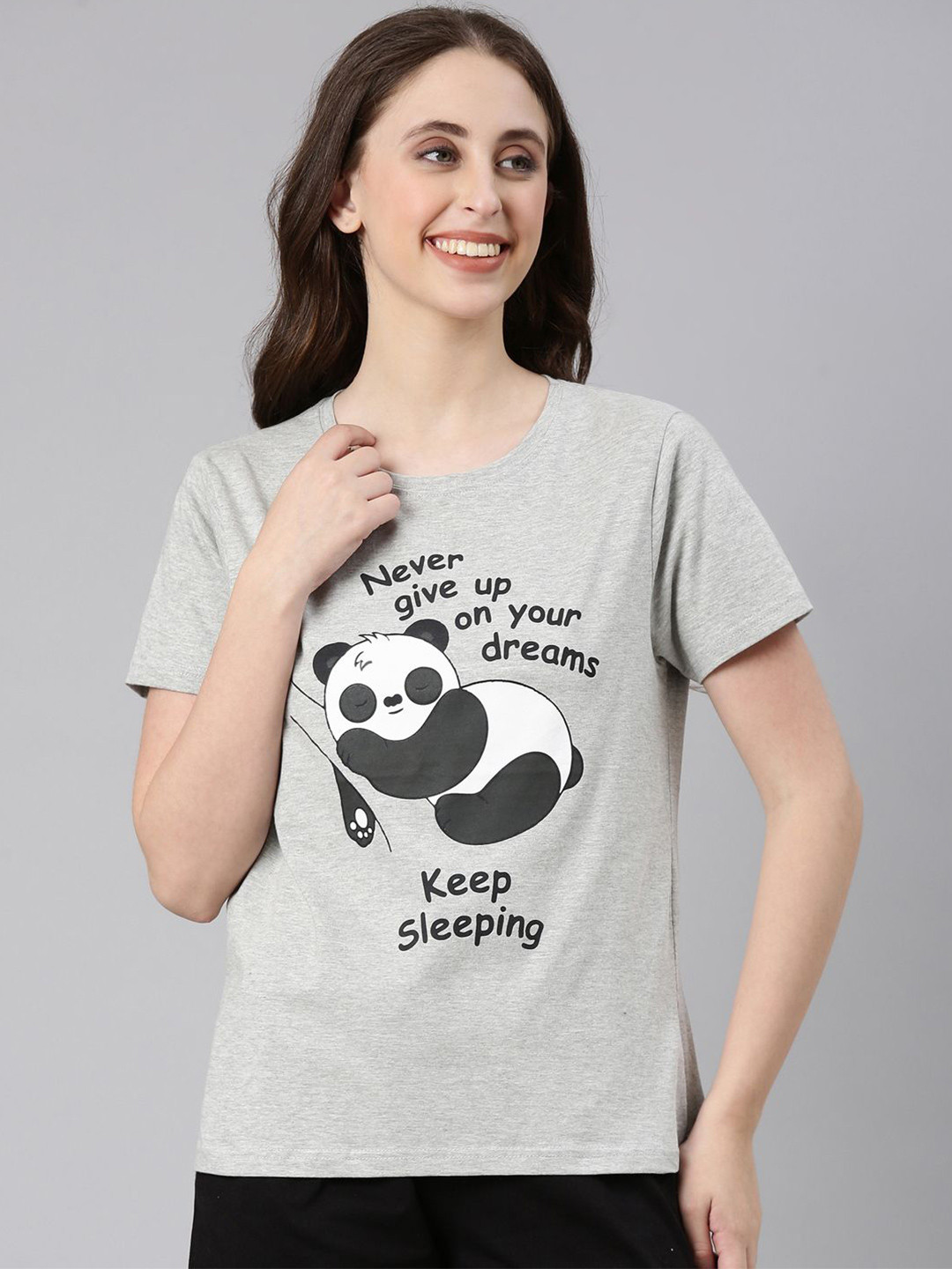 TWIN BIRDS Women Light Grey Cotton Printed Relaxed Fit Tee Tshirt