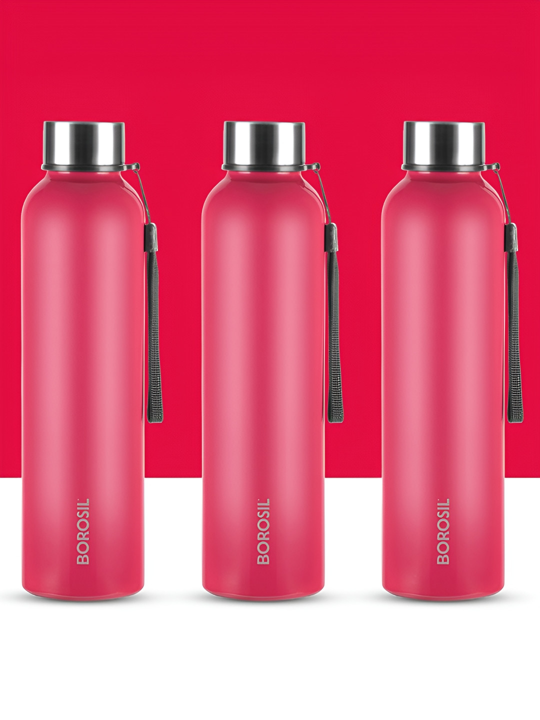 BOROSIL Laguna Red Solid Stainless Steel BPA Free 3 Piece Water Bottle - 1L