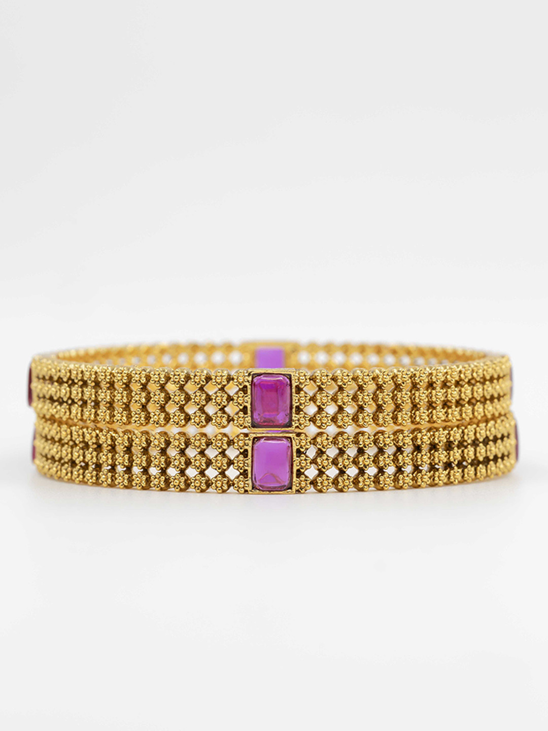 South Temple Jewellery Set of 2 Gold-Plated Stone Studded Antique Bangle