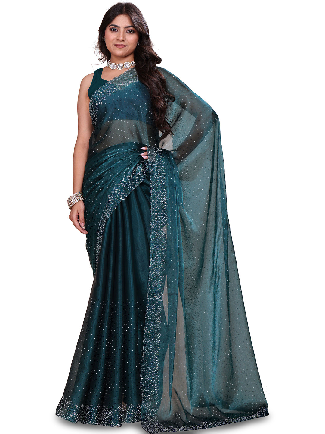 Indian Fashionista Beads and Stones Embellished Heavy Work Saree