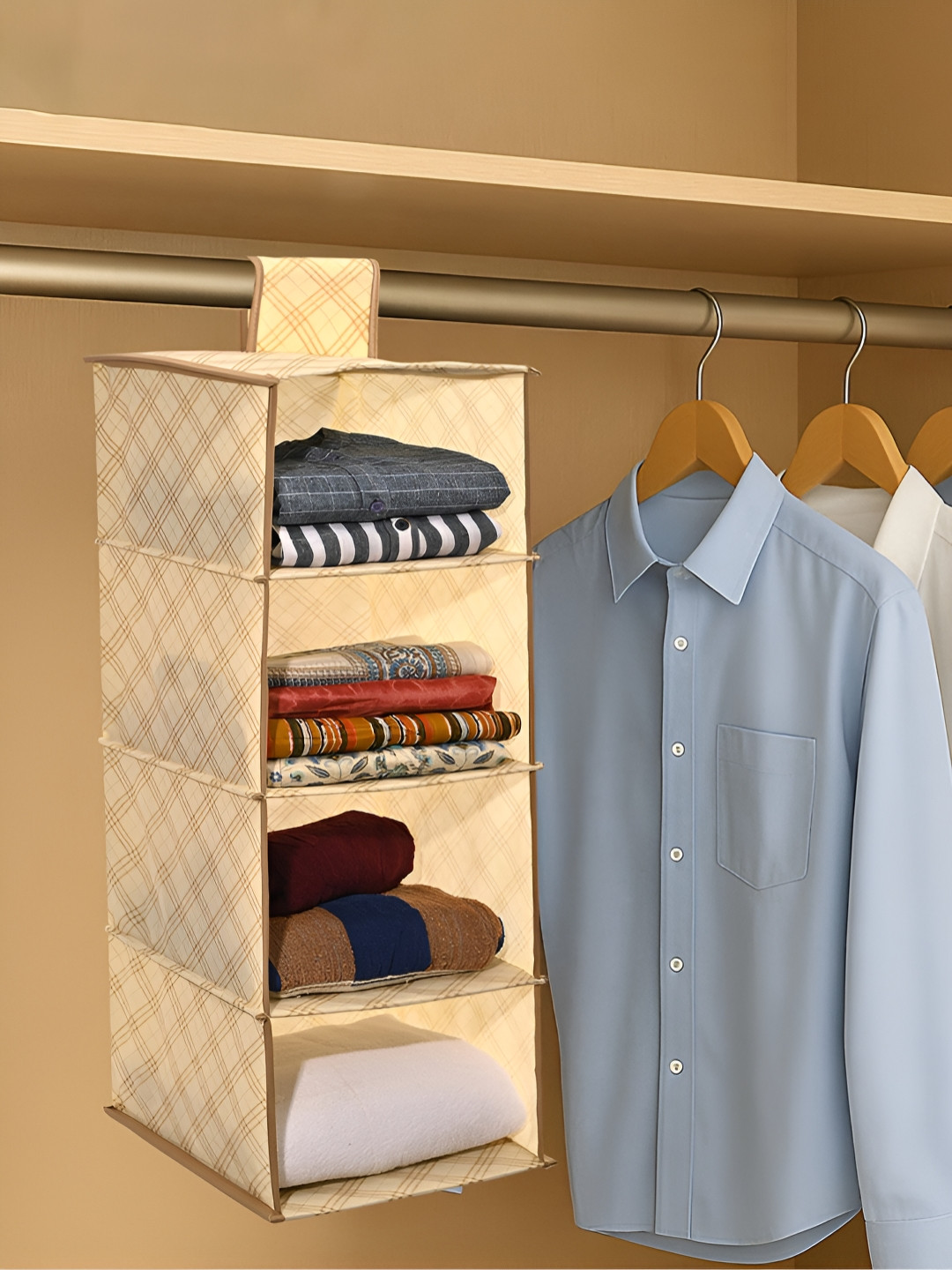 Aura Cream-Coloured Non Woven Foldable 4 Shelf Hanging Closet Organizer
